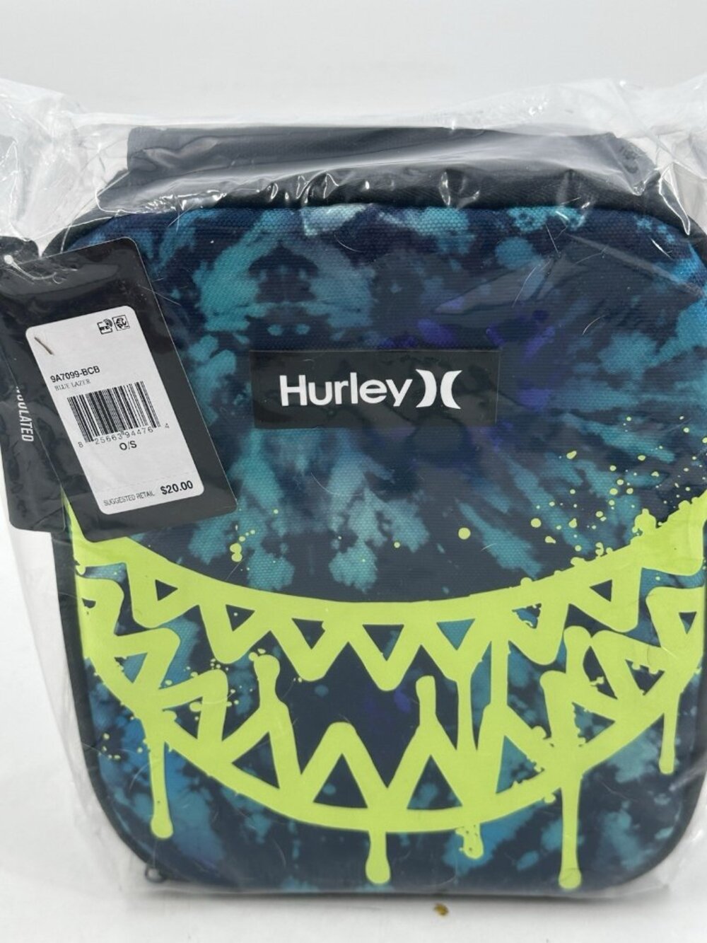 HURLEY Insulated Cooler School Luncbox Tote Green Shark Bite Tie Dye Zippered